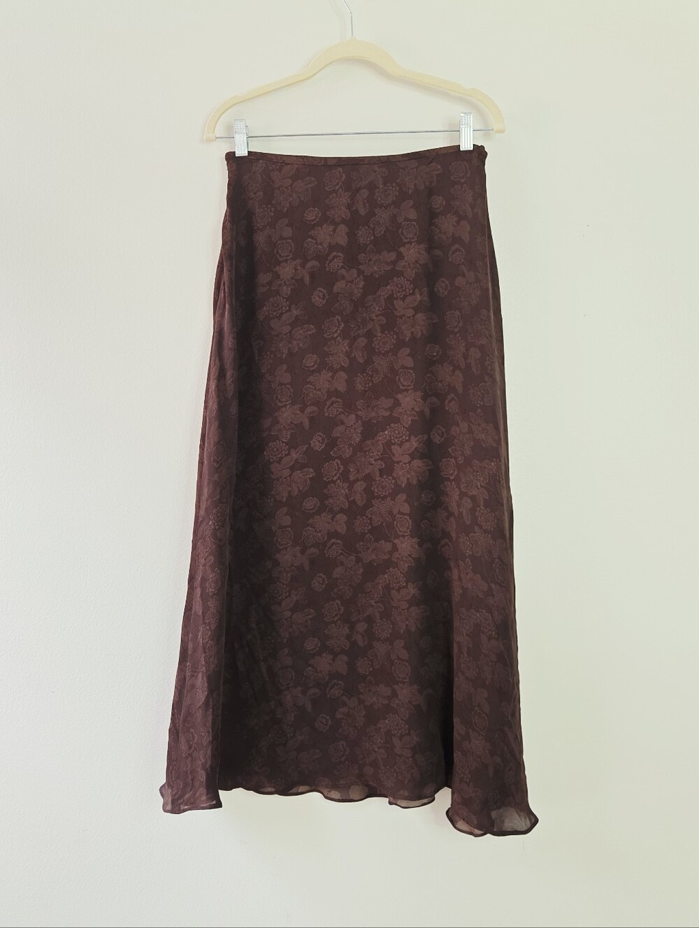 Lauren Ralph Lauren Chocolate Brown Fall Leaves Silk Printed Midi Bias Cut Skirt - Picture 3 of 4